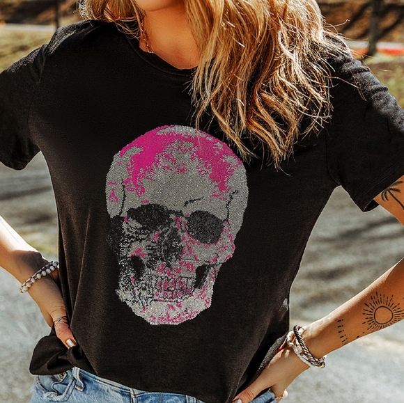 Rhinestone Encrusted Skeleton Shirt Bling Sparkling Short Sleeve Halloween Top - Picture 10 of 12